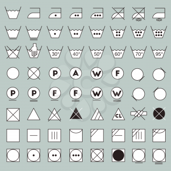 Laundry symbols line design. Washing, ironing, bleaching, drying, dry clean and tumble dry icons.
