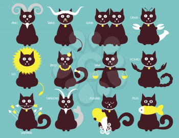 Cat zodiac icons, vector flat design, astronomy illustration