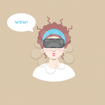 Virtual reality glasses. Vector illustration with surprised girl and wow bubble