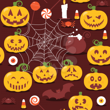 Pumpkin pattern. Seamless pattern tile with pumpkin faces, bat, spider, net, lollipops, eyes, and witch pot.