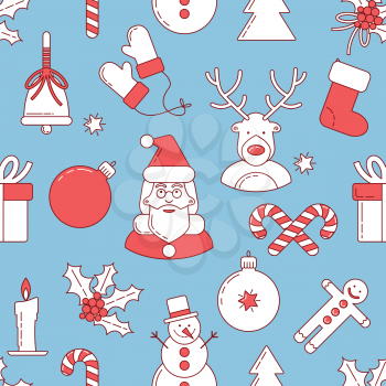 Christmas line design seamless pattern with Santa Claus and deer