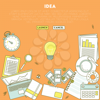 Lamp idea illustration. Business analytic illustration with laptop. timer and calculator 