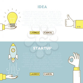 Start up line design. Creating of an idea and launching startup project, thumb up and ok banners.