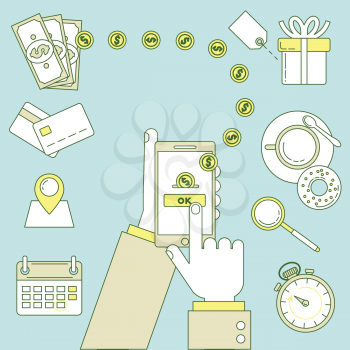 Mobile payment illustration. Sending and receiving money via internet. Line illustration with hands and money.