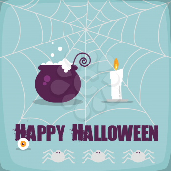 Happy Halloween illustration, witch pot, candle and spider net