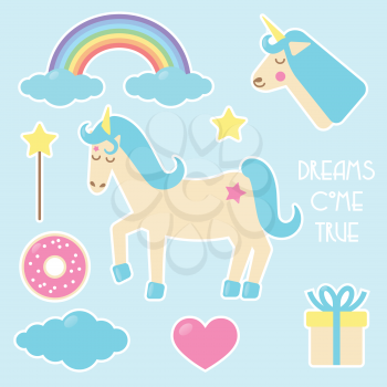 Unicorn set of stickers, badges with rainbow, doughnut. cloud, magic wand, heart and present