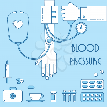 Ill design, vector line illustration. Blood pressure measurement 