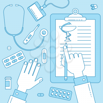 Medical clipboard, vector illustration with doctors hand. Line design, top medical table view