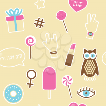 Sticker fashion seamless pattern, illustration with owl, lollipop, hands, unicorn, lipstick, longboard, ice-cream, eye, bubble and heart.