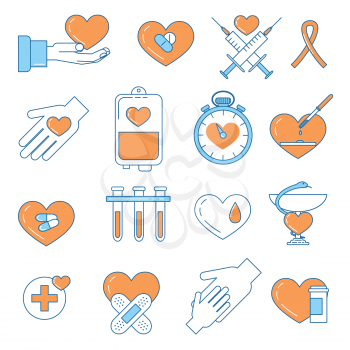 Blood donation line design colorful icons. Charity, volunteering work and community development awareness month