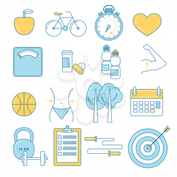Fitness and sport line design icons. Weighting scale, dieting, healthy food and sports.