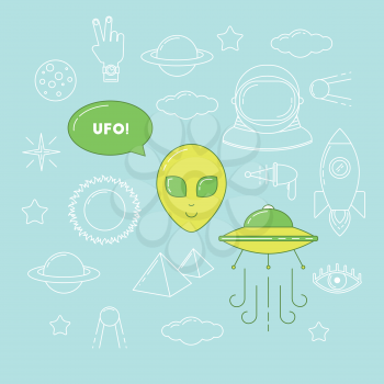 Alien illustration. Line design UFO, alien, planets sticker patches
