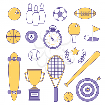 Sports line icons. Colorful set with baseball, longboard and football