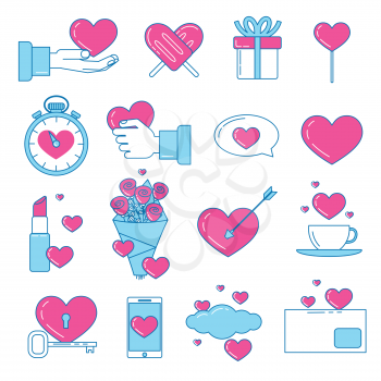 Set of Valentines icons. Pink line design love set. Ice cream in shape of heart, love messages, love is in the air.