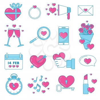 Set of Valentines icons. Pink line design love set. Ring, romantic music, love messages, love is in the air.