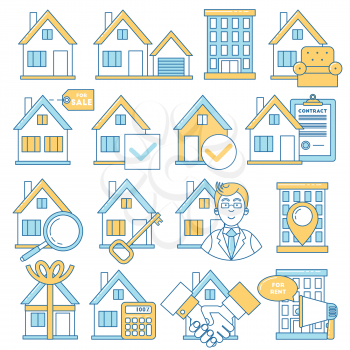Real estate icons, line design. Garage, location, furniture, search and promotion colorful logotypes