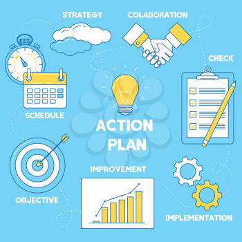 Action plan illustration. Line design strategy, collaboration, implementation and improvement