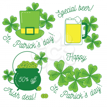 Clover, hat, beer and cauldron with gold, St. Patrick's day set of icons. Happy St. Patrick's day and discount text