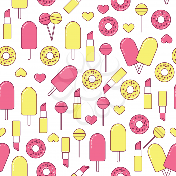 Patch seamless pattern with ice cream. heart, doughnut and lollypop