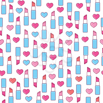Valentine lipstick seamless pattern with lipstick and hearts.