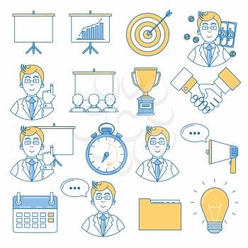 Business presentation icon set. Line design on audience, speaker, brainstorming and reaching of success