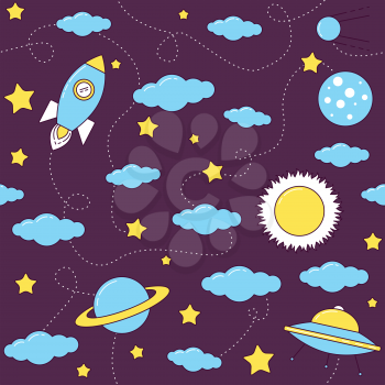 Space pattern with stars and clouds. Rocket and UFO flying among planets, Sun, Saturn and Moon. 