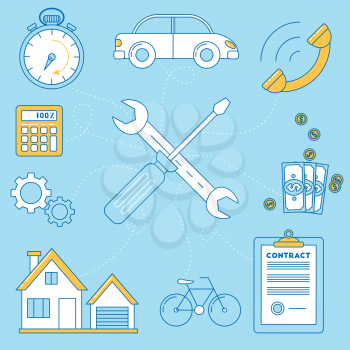 Wrench and screw driver illustration. Repair of house, car and bike, contract for work. budgeting and timing, call for a work.