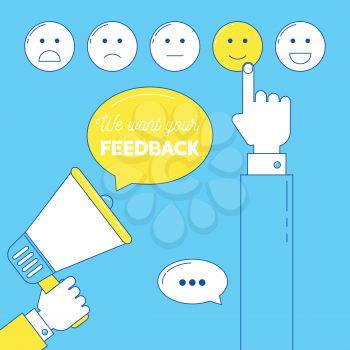 Feedback emoticon scale. We need your feedback illustration with hands and loudspeaker
