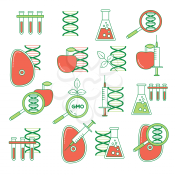 GMO set of icons. Thin line colorful DNA mutation, influence on food.