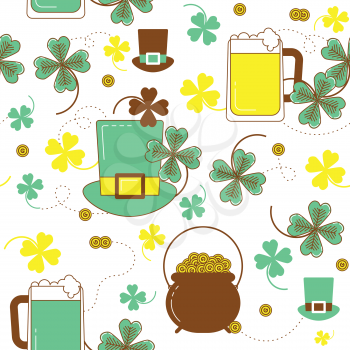 Clover, hat, beer and cauldron with gold. St. Patrick's day colorful seamless pattern