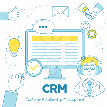 CRM Customer Relationship Service illustration. Vector line design, support concept