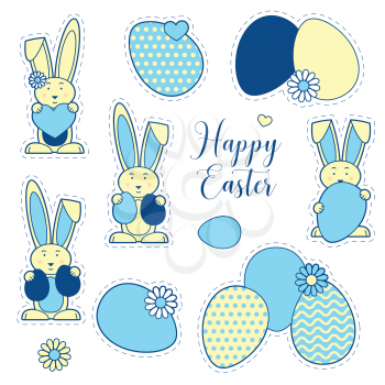 Easter eggs and rabbit, Happy Easter vector patches. Colorful line design with flowers and hearts.