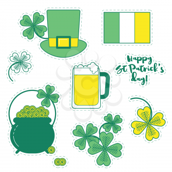 Clover, hat, beer and cauldron with gold, St. Patrick's day set of patches. Happy St. Patrick's day stickers