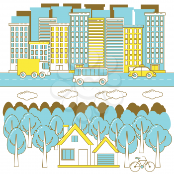City and forest landscape, line art banners with trees, buildings and vehicles 