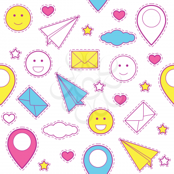Emoticon pattern with paper plane, clouds, location pins and heart with stars