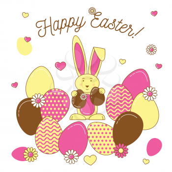 Easter eggs and rabbit, Happy Easter vector illustration. Colorful line design with flowers and hearts.