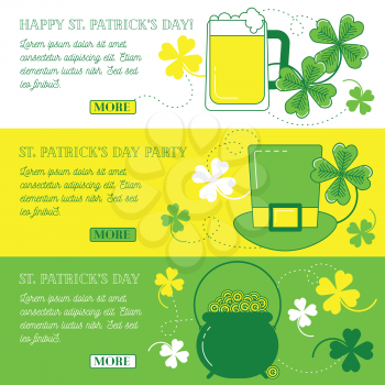 Web banners with clover, hat, beer and cauldron with gold. Happy St. Patrick's day and party text
