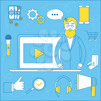 Video blogger illustration. Line design man in front of his laptop, promotion and advertisement
