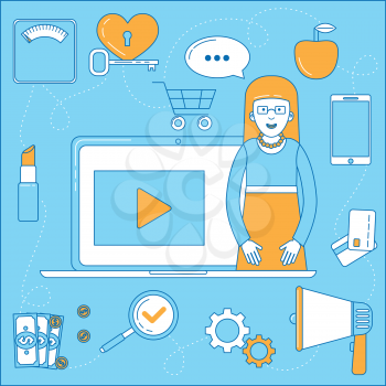 Video blogger illustration. Line design man in front of his laptop, promotion and advertisement