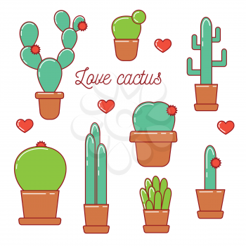 Cactus with hearts, botany set in pots. Cute line art design. 