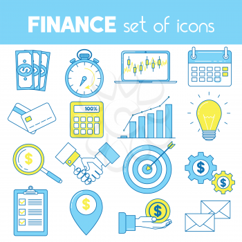 Finance line icons with money, time, calendar, calculator and other financial symbols 
