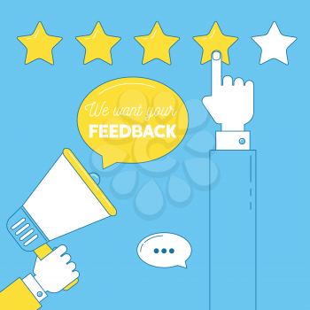We want your feedback illustration. Man press on stars to rate service quality, leaves comment