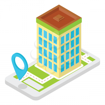 Isometric location application shows location pin and building, point of destination