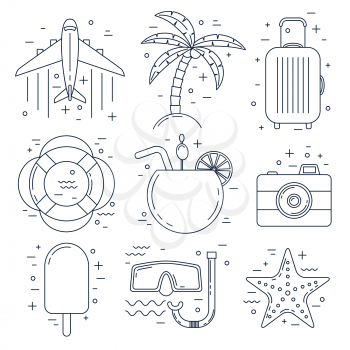 Vacation thin line icons, summer set with sea, cocktail, ice-cream and photo camera