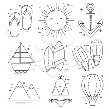 Vacation thin line icons, summer set with sea, sun, mounties and hot air balloon 