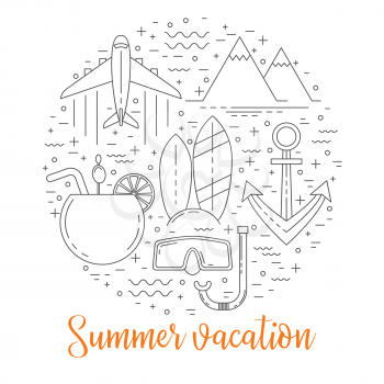 Summer vacation illustration, thin line icons set in shape of circle