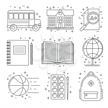 Back to school set of icons, line art design, school bus, books and sport