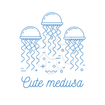 Jellyfish line art logotype, vector illustration with dashed lines