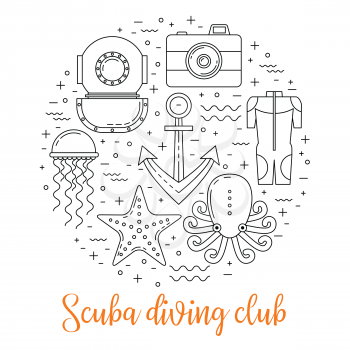 Scuba diving line art background with photo camera, anchor, wetsuit and fish