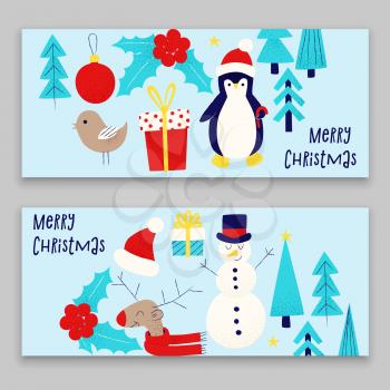 Christmas card with snowman, penguin and deer